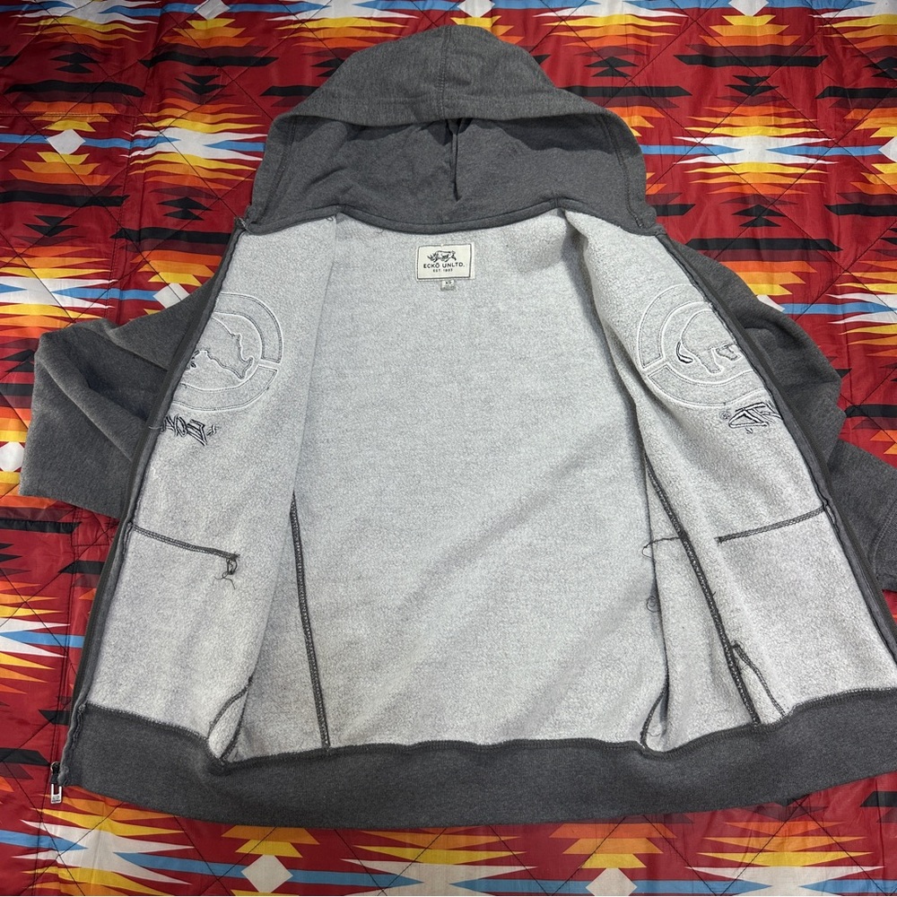 Ecko Unltd Gray Hoodie Full Zip Sweater Rhino Embroidered Grunge Hip Hop Mens XS - Picture 10 of 11
